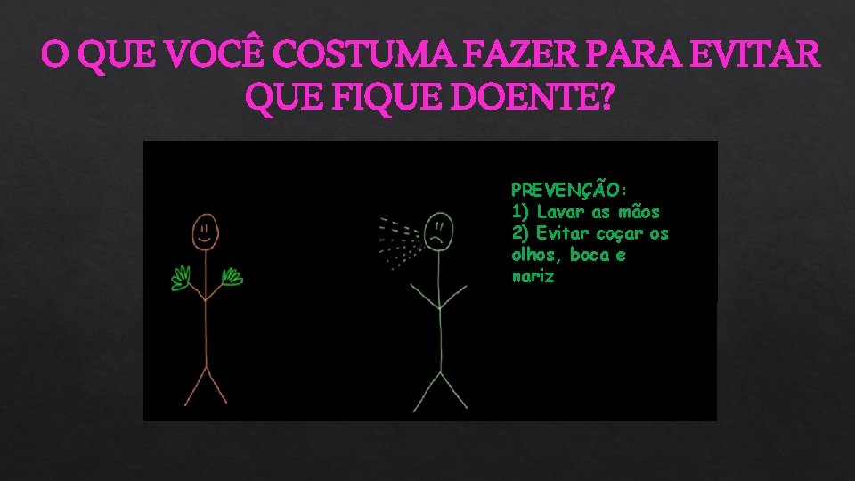 O QUE VOCÊ COSTUMA FAZER PARA EVITAR QUE FIQUE DOENTE? PREVENÇÃO: 1) Lavar as