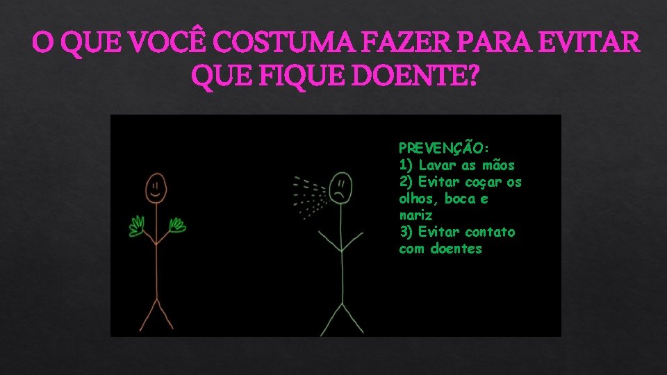 O QUE VOCÊ COSTUMA FAZER PARA EVITAR QUE FIQUE DOENTE? PREVENÇÃO: 1) Lavar as