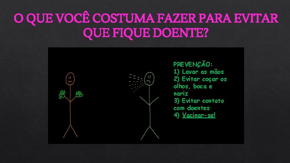 O QUE VOCÊ COSTUMA FAZER PARA EVITAR QUE FIQUE DOENTE? PREVENÇÃO: 1) Lavar as