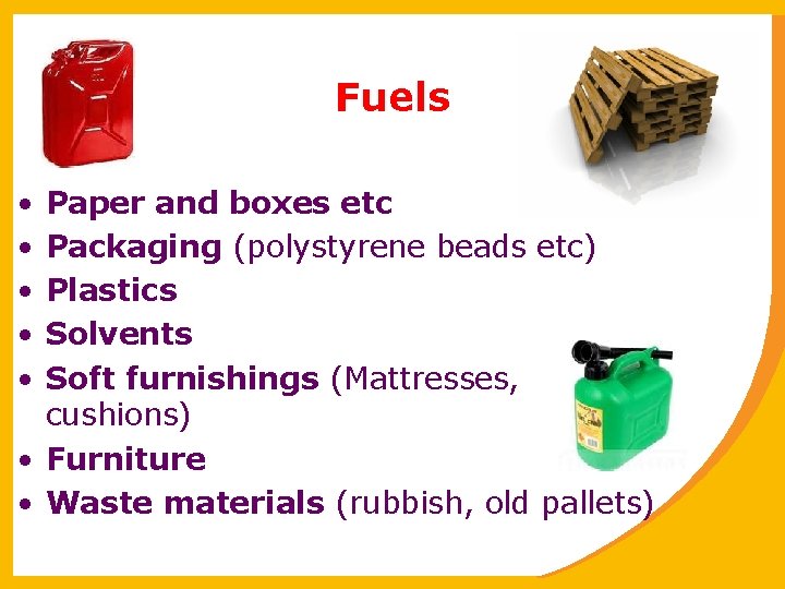 Fuels • • • Paper and boxes etc Packaging (polystyrene beads etc) Plastics Solvents