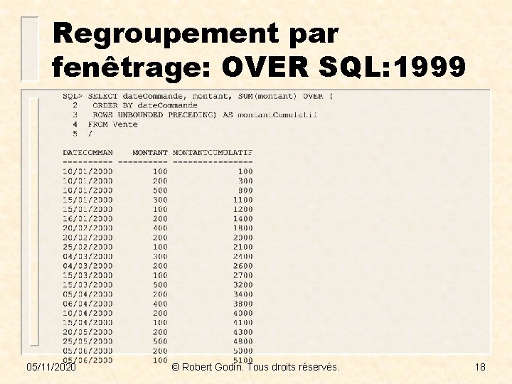 Regroupement par fenêtrage: OVER SQL: 1999 05/11/2020 © Robert Godin. Tous droits réservés. 18