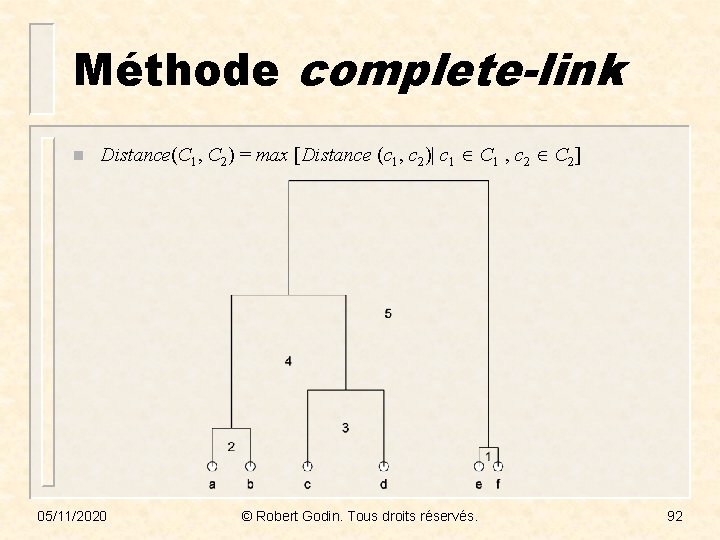 Méthode complete-link n Distance(C 1, C 2) = max [Distance (c 1, c 2)|
