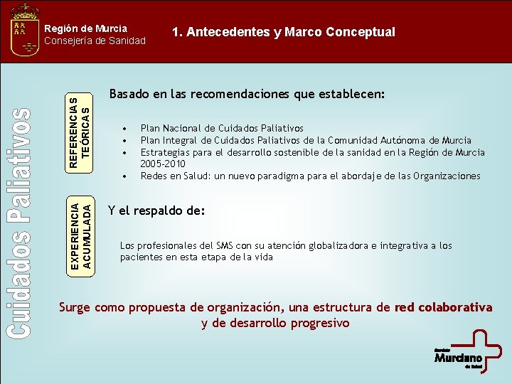 REFERENCIAS TEÓRICAS Región de Murcia Consejería de Sanidad Basado en las recomendaciones que establecen: