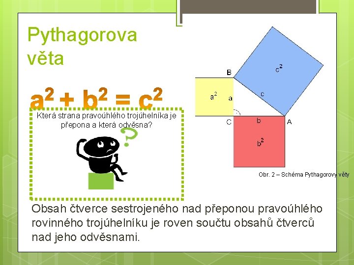 Pythagorova věta Která strana pravoúhlého trojúhelníka je přepona a která odvěsna? Obr. 2 –