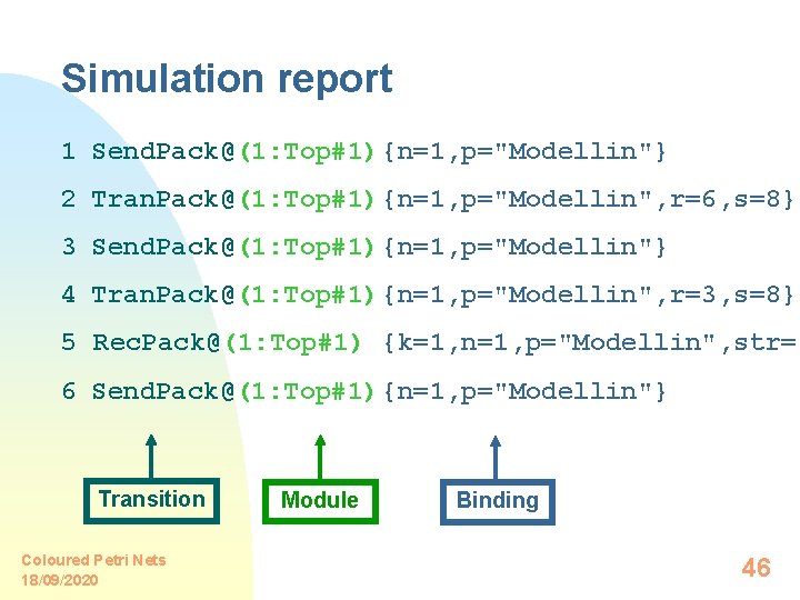 Simulation report 1 Send. Pack@(1: Top#1){n=1, p="Modellin"} 2 Tran. Pack@(1: Top#1){n=1, p="Modellin", r=6, s=8}