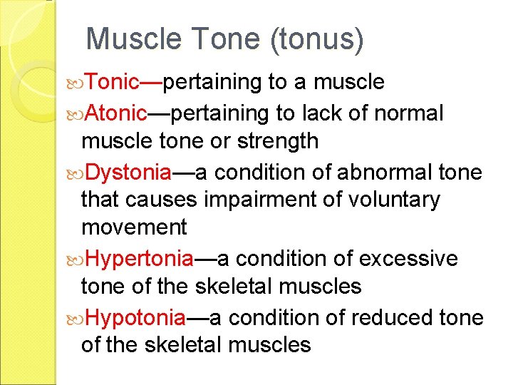 Muscle Tone (tonus) Tonic—pertaining to a muscle Atonic—pertaining to lack of normal muscle tone