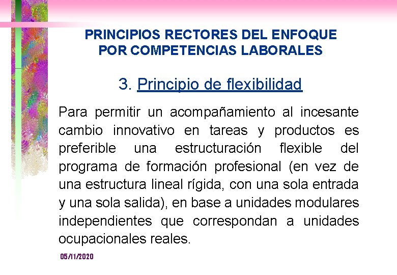 PRINCIPIOS RECTORES DEL ENFOQUE POR COMPETENCIAS LABORALES 3. Principio de flexibilidad Para permitir un