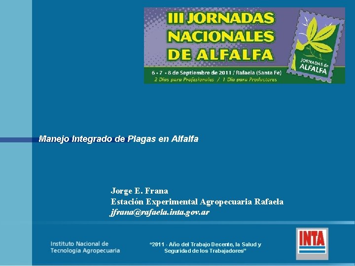 Manejo Integrado de Plagas en Alfalfa Jorge E. Frana Estación Experimental Agropecuaria Rafaela jfrana@rafaela.