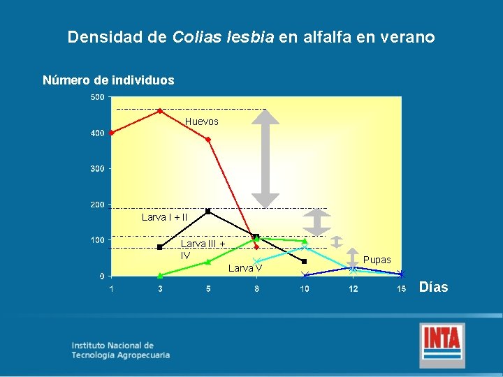 Densidad de Colias lesbia en alfalfa en verano Número de individuos Huevos Larva I