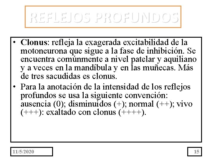 REFLEJOS PROFUNDOS • Clonus: refleja la exagerada excitabilidad de la motoneurona que sigue a