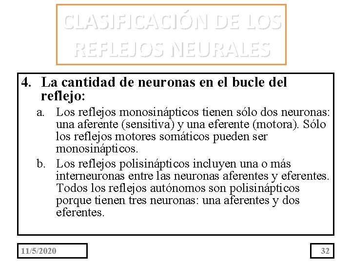 CLASIFICACIÓN DE LOS REFLEJOS NEURALES 4. La cantidad de neuronas en el bucle del