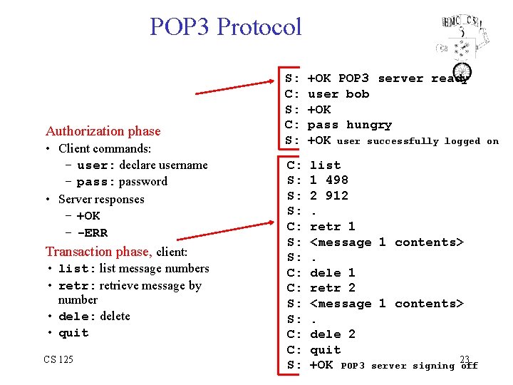 POP 3 Protocol Authorization phase • Client commands: – user: declare username – pass: