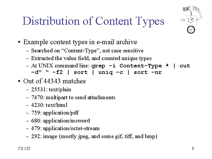 Distribution of Content Types • Example content types in e-mail archive – Searched on