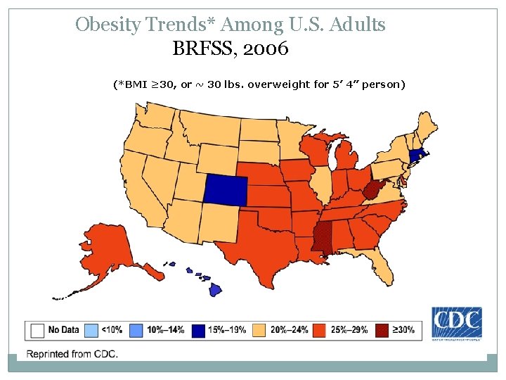 Obesity Trends* Among U. S. Adults BRFSS, 2006 (*BMI ≥ 30, or ~ 30