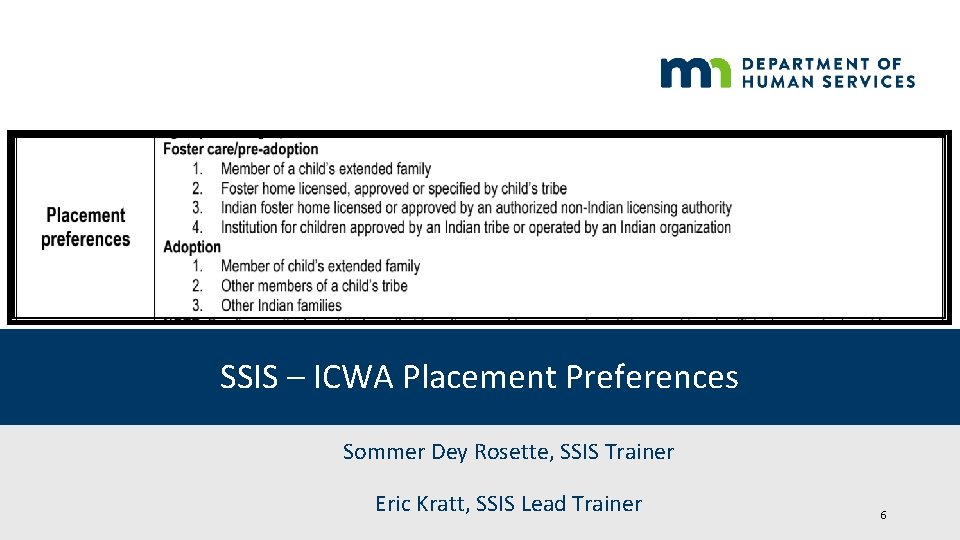SSIS – ICWA Placement Preferences Sommer Dey Rosette, SSIS Trainer Eric Kratt, SSIS Lead