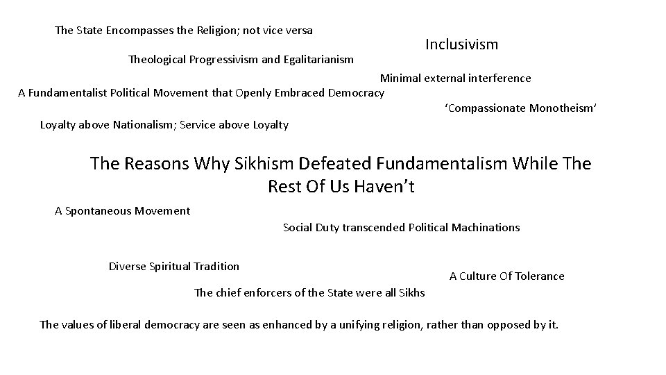 The State Encompasses the Religion; not vice versa Theological Progressivism and Egalitarianism Inclusivism Minimal The State Encompasses the Religion; not vice versa Theological Progressivism and Egalitarianism Inclusivism Minimal