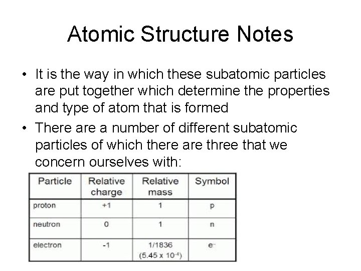 Atomic Structure Notes • It is the way in which these subatomic particles are