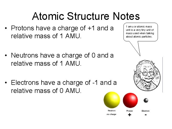 Atomic Structure Notes • Protons have a charge of +1 and a relative mass