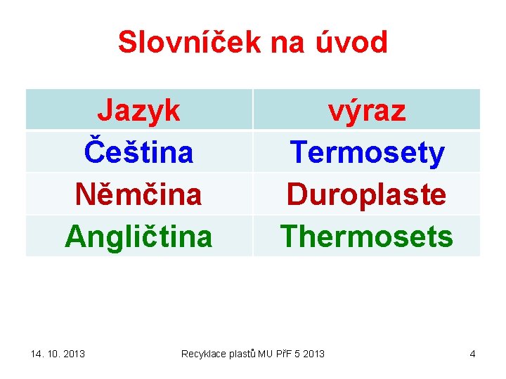 Slovníček na úvod Jazyk Čeština Němčina Angličtina 14. 10. 2013 výraz Termosety Duroplaste Thermosets