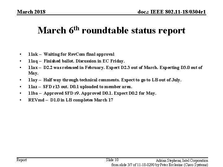 March 2018 doc. : IEEE 802. 11 -18/0304 r 1 March 6 th roundtable