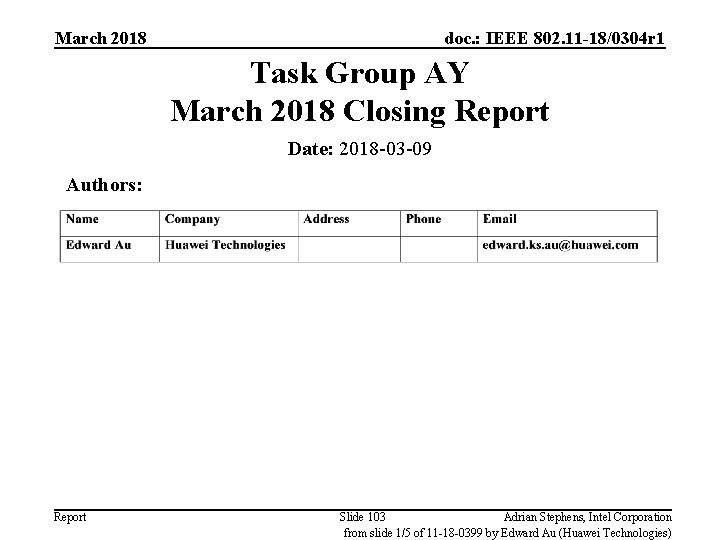 March 2018 doc. : IEEE 802. 11 -18/0304 r 1 Task Group AY March