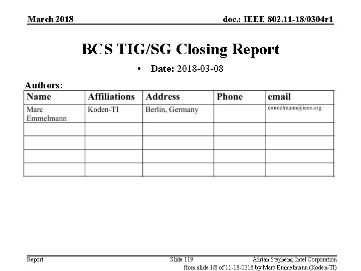 March 2018 doc. : IEEE 802. 11 -18/0304 r 1 BCS TIG/SG Closing Report