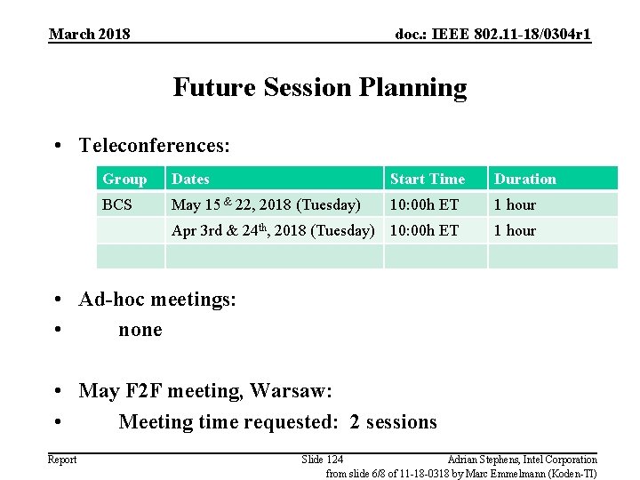 March 2018 doc. : IEEE 802. 11 -18/0304 r 1 Future Session Planning •