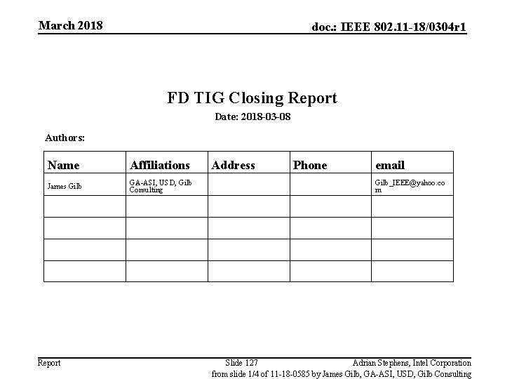 March 2018 doc. : IEEE 802. 11 -18/0304 r 1 FD TIG Closing Report