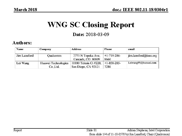 March 2018 doc. : IEEE 802. 11 -18/0304 r 1 WNG SC Closing Report