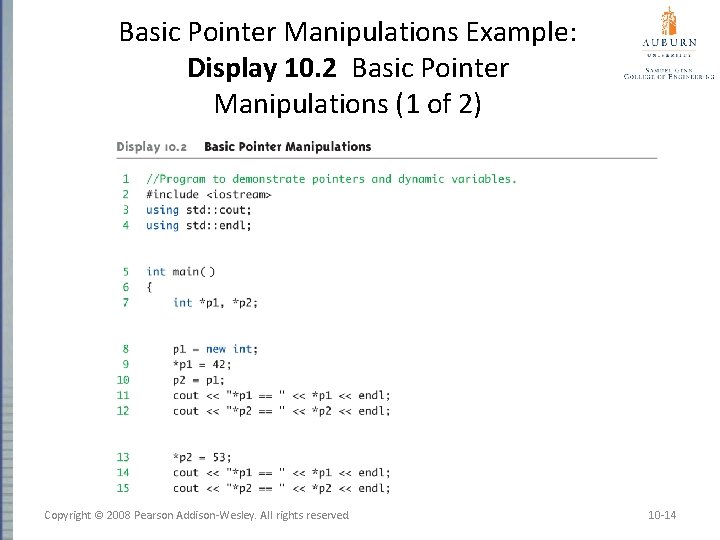 Basic Pointer Manipulations Example: Display 10. 2 Basic Pointer Manipulations (1 of 2) Copyright