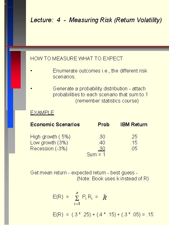 Lecture: 4 - Measuring Risk (Return Volatility) HOW TO MEASURE WHAT TO EXPECT •