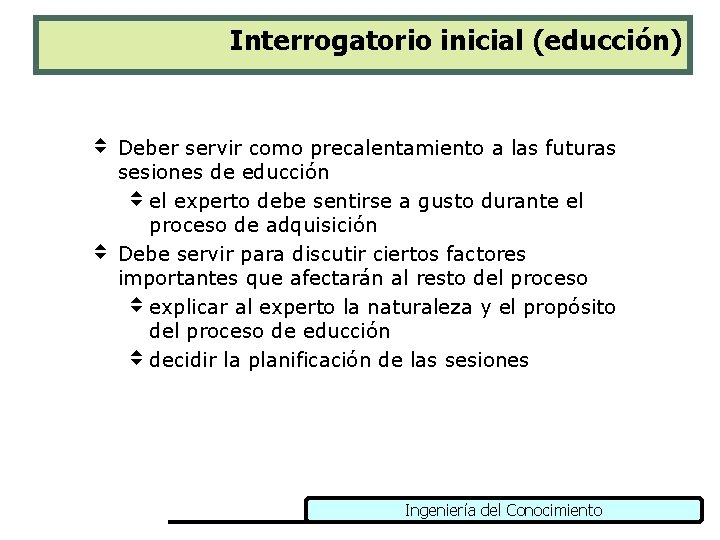 Interrogatorio inicial (educción) v Deber servir como precalentamiento a las futuras sesiones de educción