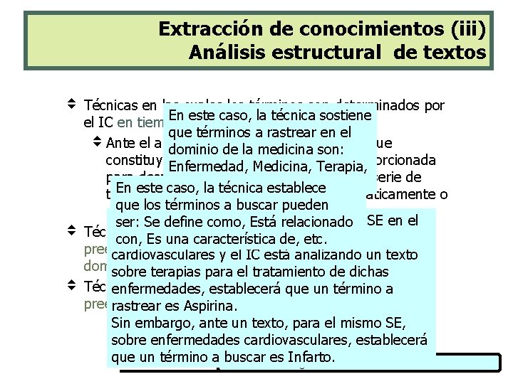 Extracción de conocimientos (iii) Análisis estructural de textos v Técnicas en las cuales los