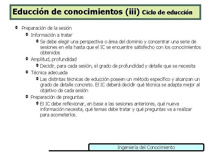 Educción de conocimientos (iii) Ciclo de educción v Preparación de la sesión v Información