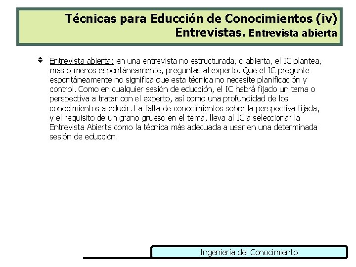 Técnicas para Educción de Conocimientos (iv) Entrevistas. Entrevista abierta v Entrevista abierta: en una