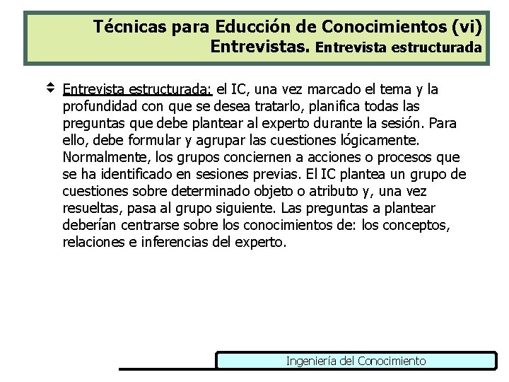 Técnicas para Educción de Conocimientos (vi) Entrevistas. Entrevista estructurada v Entrevista estructurada: el IC,