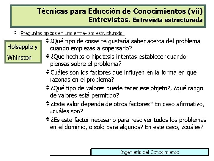 Técnicas para Educción de Conocimientos (vii) Entrevistas. Entrevista estructurada v Preguntas típicas en una