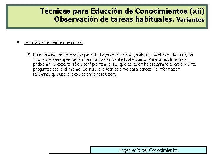 Técnicas para Educción de Conocimientos (xii) Observación de tareas habituales. Variantes v Técnica de