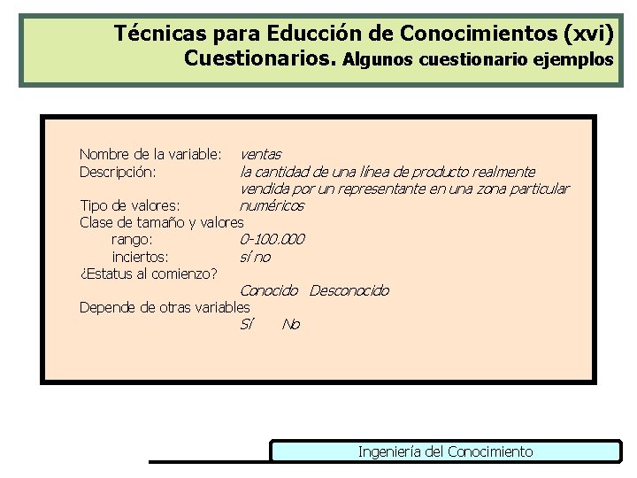 Técnicas para Educción de Conocimientos (xvi) Cuestionarios. Algunos cuestionario ejemplos Nombre de la variable: