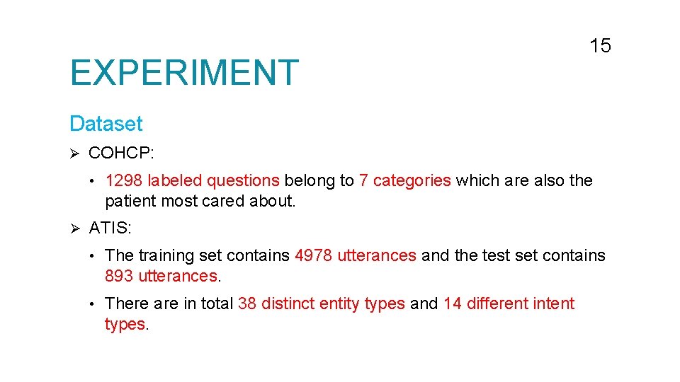 EXPERIMENT 15 Dataset Ø COHCP: • Ø 1298 labeled questions belong to 7 categories EXPERIMENT 15 Dataset Ø COHCP: • Ø 1298 labeled questions belong to 7 categories