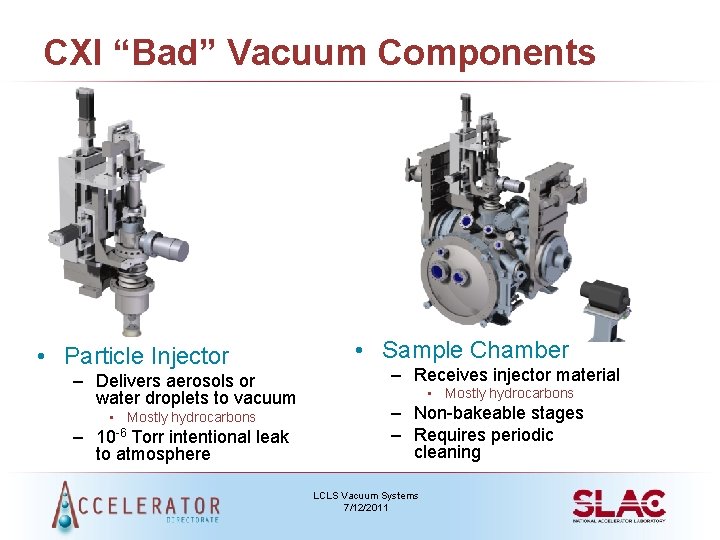 CXI “Bad” Vacuum Components • Particle Injector – Delivers aerosols or water droplets to