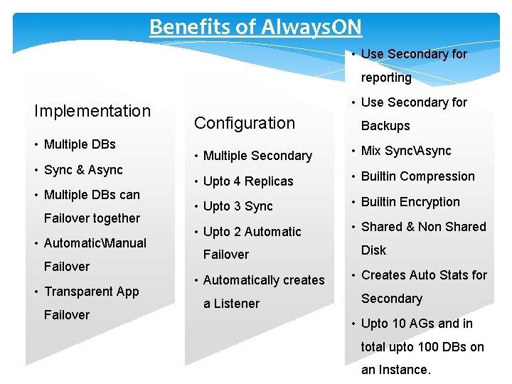 Benefits of Always. ON • Use Secondary for reporting Implementation • Multiple DBs •