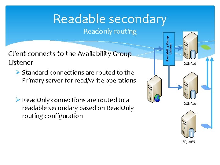 Readable secondary Client connects to the Availability Group Listener Ø Standard connections are routed