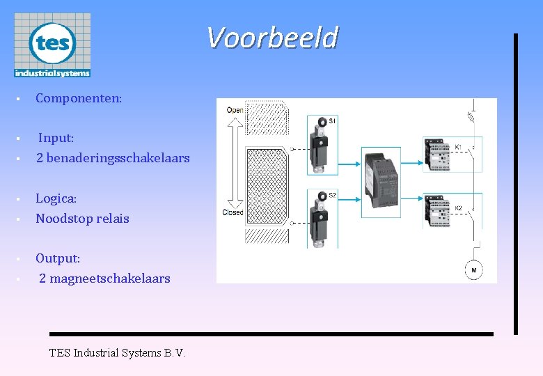 Voorbeeld § Componenten: § Input: 2 benaderingsschakelaars § § § Logica: Noodstop relais Output: