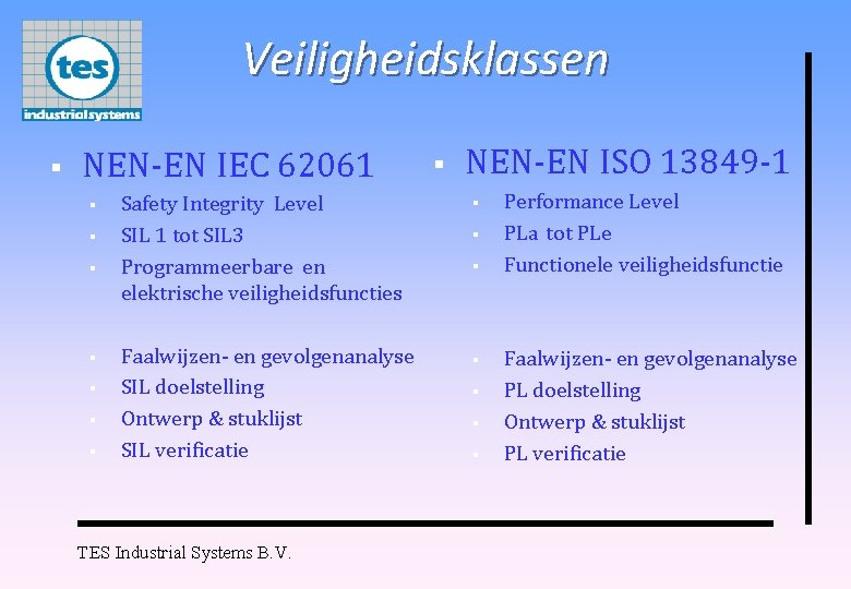 Veiligheidsklassen § NEN-EN IEC 62061 § § § § NEN-EN ISO 13849 -1 Safety