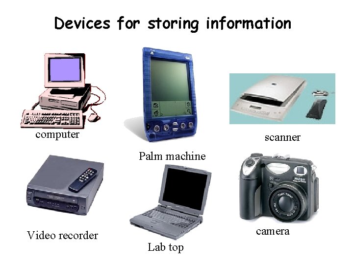 Devices for storing information computer scanner Palm machine Video recorder camera Lab top 