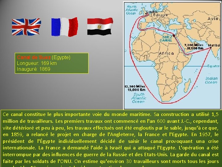 Canal de Suez (Egypte) Longueur: 169 km Inauguré: 1869 Ce canal constitue le plus