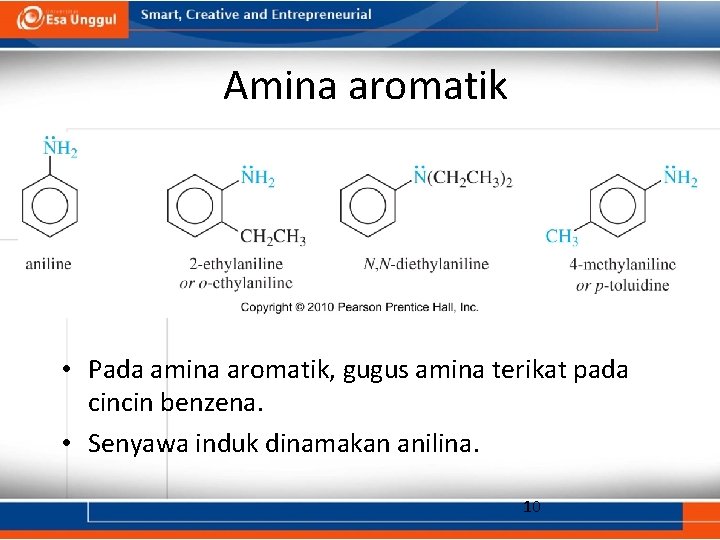 Amina aromatik • Pada amina aromatik, gugus amina terikat pada cincin benzena. • Senyawa