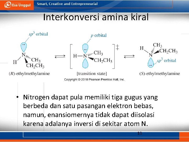 Interkonversi amina kiral • Nitrogen dapat pula memiliki tiga gugus yang berbeda dan satu