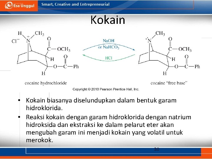 Kokain • Kokain biasanya diselundupkan dalam bentuk garam hidroklorida. • Reaksi kokain dengan garam